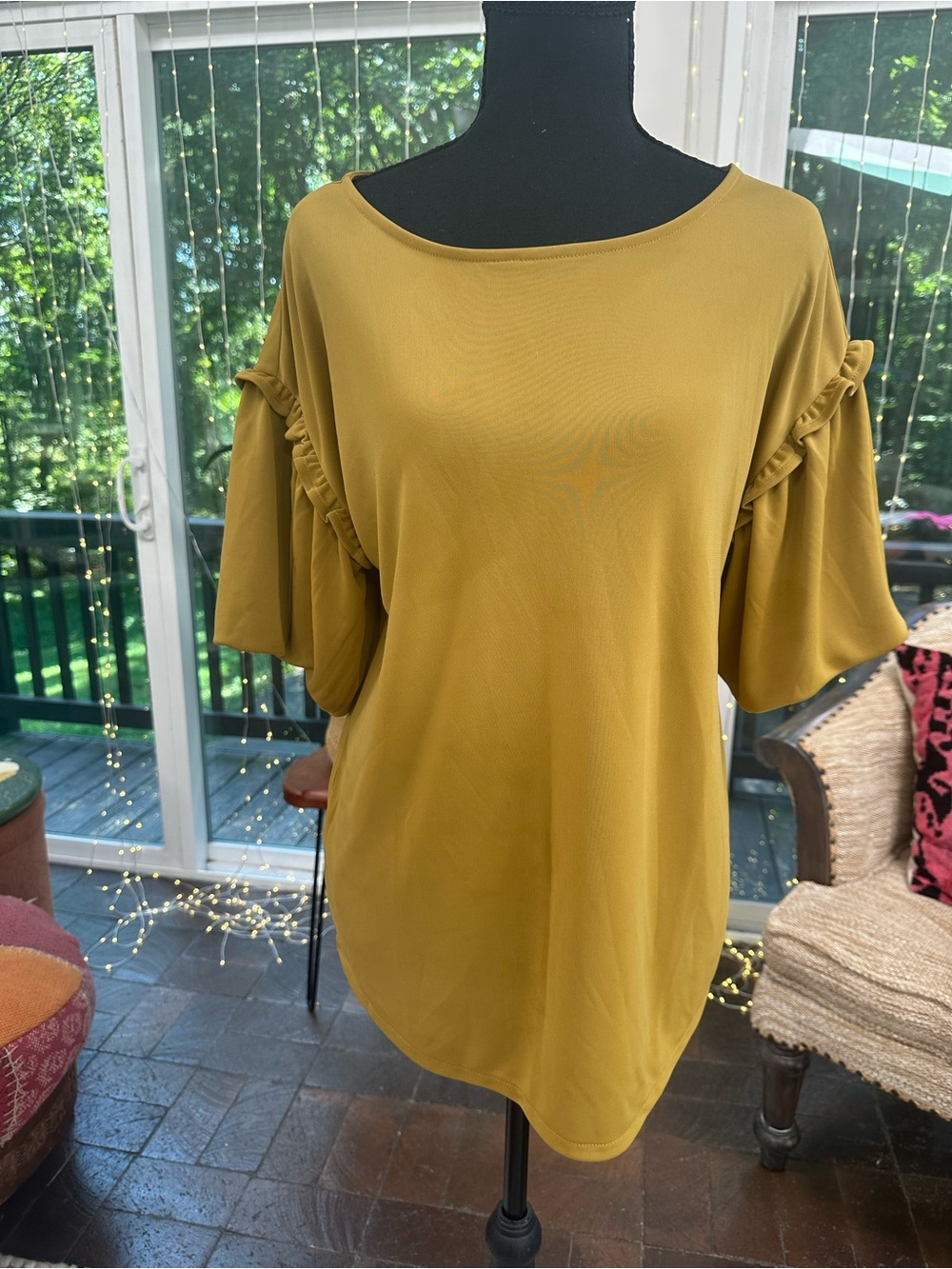Ann Taylor Mustard Ruffle Sleeve Tunic Top